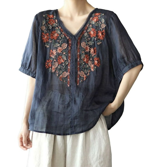 DTBPRQ Women's Summer Embroidered Mexican Shirts Short Sleeve Casual Tops Blouse Casual Cotton Linen Shirts