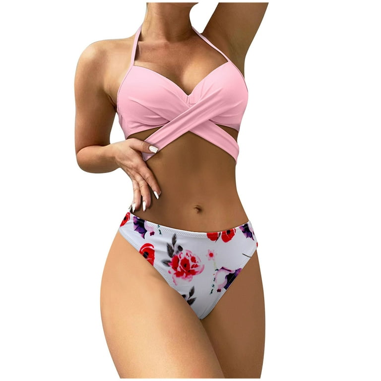 DTBPRQ Women s Two Piece Swimsuits Wrap Front Bikini High Waisted Bottom Tummy Control Bathing Suits Vintage Print Swimwear