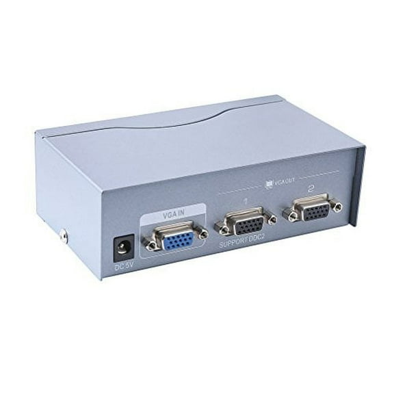 DTECH 2 Way Powered VGA Splitter Amplifier Box High Resolution 1080p SVGA Video 1 in 2 Out 250 Mhz for 1 PC to Dual Monitor Computer