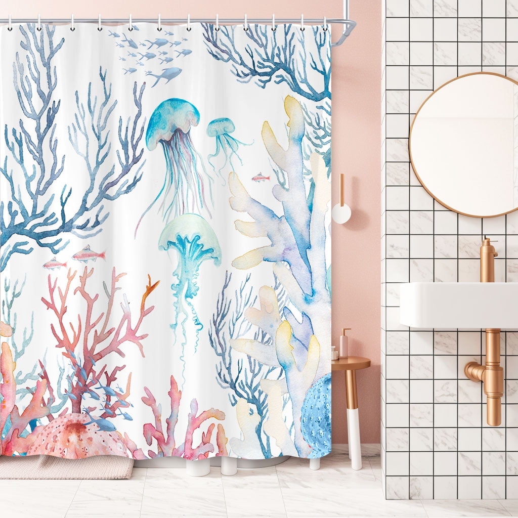 DTEKOJ Coastal Jellyfish Shower Curtain, 72” x 72” Ocean Blue Beach ...
