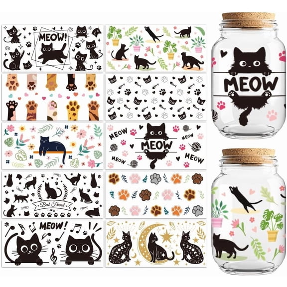 DTF Cup Transfer Wraps Stickers Cute Cats 10 Sheets Waterproof Custom Vinyl 16oz Coffee Glass Cup Tumbler Bottle Mug Decals for Men Women