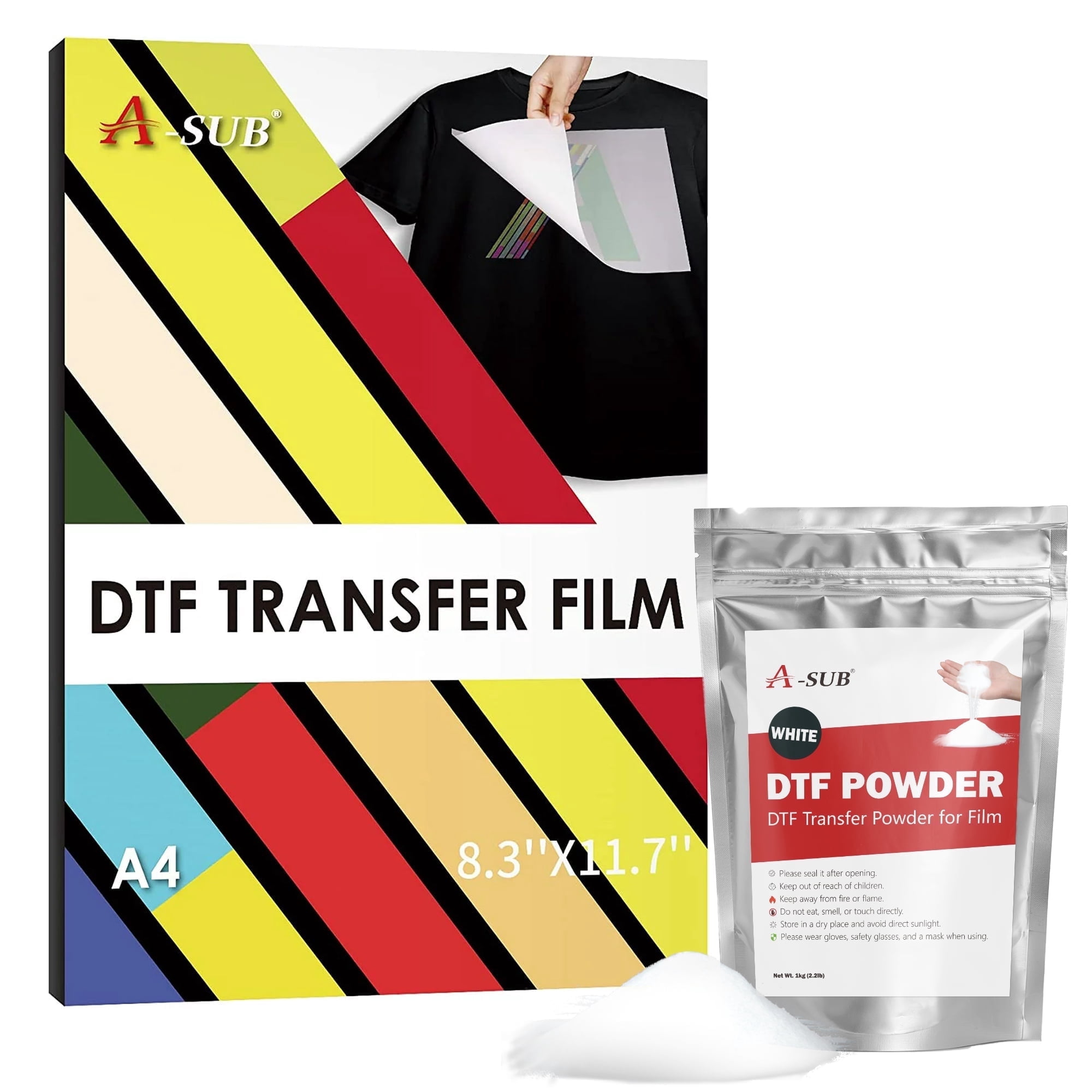 DTF Film and Powder - A-SUB DTF Powder for Sublimation 2.2lb and A4 30 Sheets DTF Film Paper for Dark, Light Color Fabrics