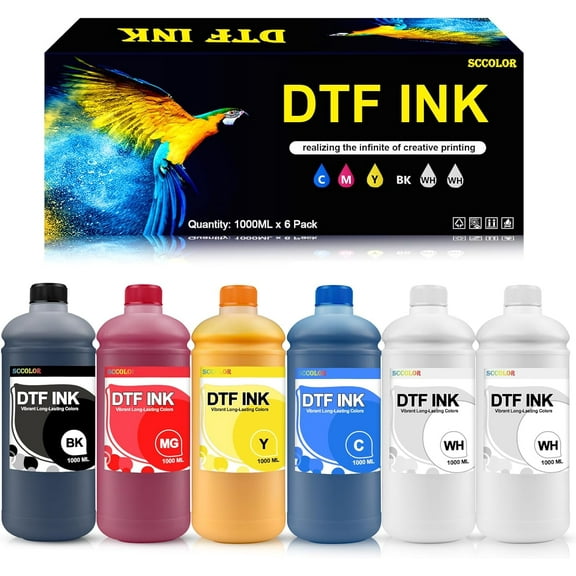 DTF INK Combo Pack 1000ML-Premium Direct-to-Film Transfer Ink for PET Film Compatible for Printheads L1800 L805 R1390 4720 I3200 XP600 DX7 DX5 5113(2 White,1 Black,1 Cyan,1 Magenta,1 Yellow)