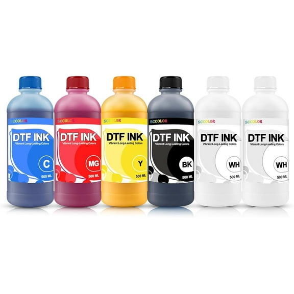 DTF INK Combo Pack 500ML-Premium Direct-to-Film Transfer Ink for PET Film Compatible for Printheads L1800 L805 R1390 4720 I3200 XP600 DX7 DX5 5113(2 White,1 Black,1 Cyan,1 Magenta,1 Yellow)