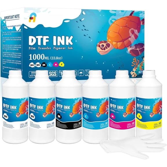 DTF Ink 6000 ml, DTF Transfer Ink for PET Film, Refill Ink for printheads ET-8550, XP-15000, XP600, I3200, L1800, Direct to Film Heat Transfer Printing, 1000ml x 6 (2W+BKCMY)