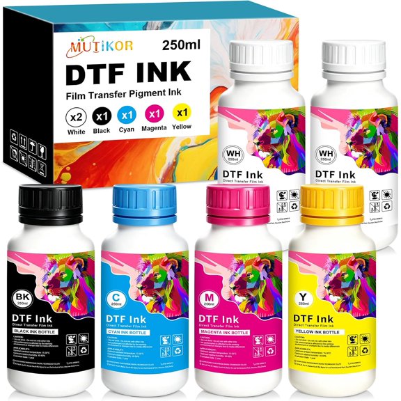 DTF Ink for Printer XP15000 DX5 DX7 5113 XP600 I3200 4720 TX800, Heat Transfer Ink for ET-8550 Printer L1000, L1800, L805, R1390, R2400, 500ml for DTF White and 250ml for BKCMY