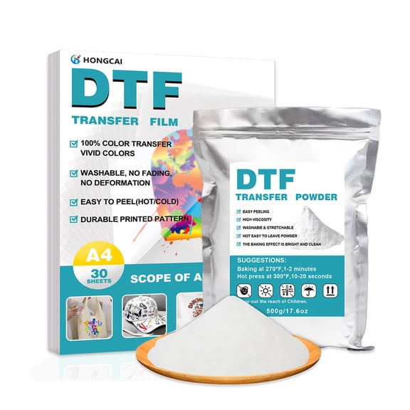 DTF Transfer Film & Powder Kit for DTF Printers | 30 Sheets A4 Double-Sided Matte DTF Film + 17.6 oz DTF Powder, Suitable for Direct Transfer to All Kinds of Fabrics