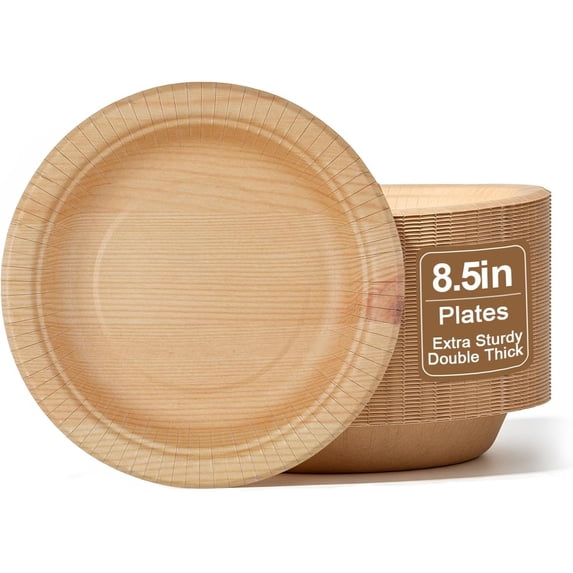 DTFMZOV Paper Plates 8.5, 30 Pcs Wood Grain 2X Thickened Plates, Heavy Duty Round Deep Serving Plates for Party, Daily Use, Holiday, Soak & Cut Proof, Microwave & Freezer Safe