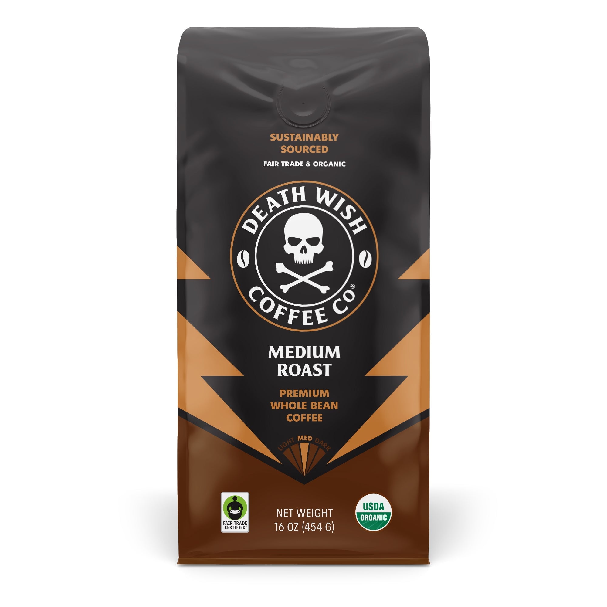 Death Wish Coffee Organic and Fair Trade Medium Roast Whole Bean Coffee, Bold Smooth Arabica Robusta, 16 oz