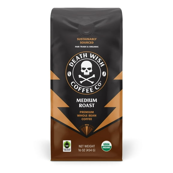 Death Wish Coffee Organic and Fair Trade Medium Roast Whole Bean Coffee, Bold Smooth Arabica Robusta, 16 oz