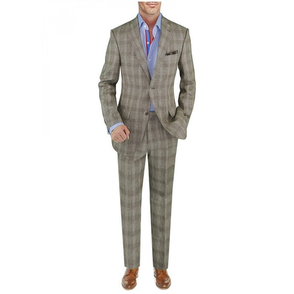 Mens Side Vent 2-piece Taupe Windowpane Linen Modern Fit