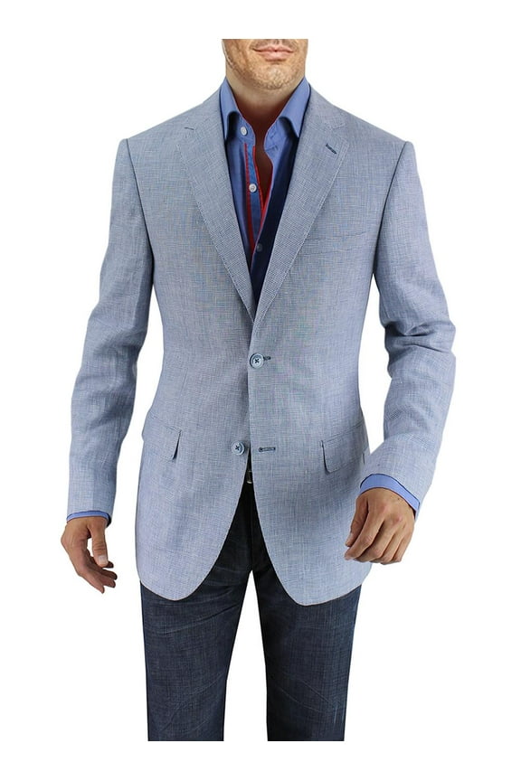 DTI BB Signature Men's Two Button Linen Blazer Modern Fit Jacket Sky Blue Check
