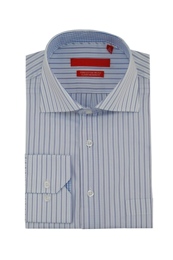 DTI GV Executive Mens Striped Dress Shirt Cotton Spread Collar Barrel Cuff Blue White