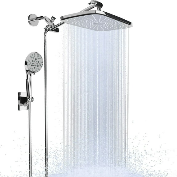 DTIG Adjustable 12-Inch Rain Shower Head, 8 Settings, High-Pressure Handheld Showerhead, Detachable Hose, Black