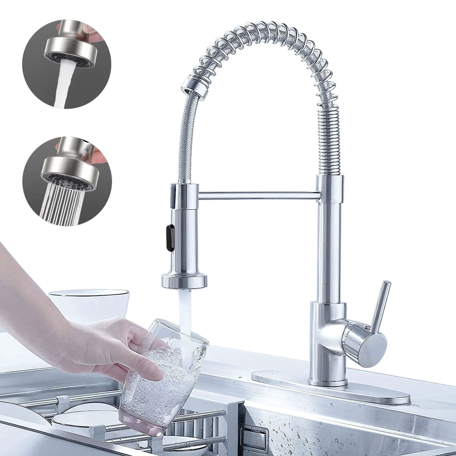 DTIG Stainless Kitchen Faucet with Pull-Out Sprayer, Brushed Nickel, Dual-Function, Includes Deck Plate