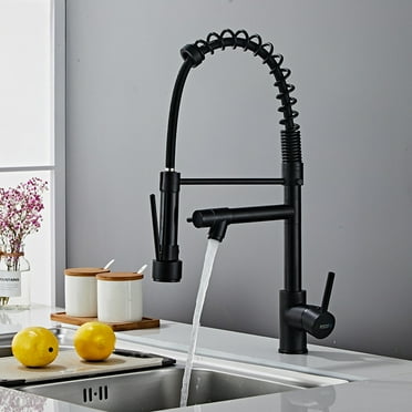 DTIG Kitchen Faucet, With Pull-out Sprayer, Made of Brushed Nickel, Suitable for Single-hole or Three-hole Sinks, Three-function Kitchen Faucet, With Deck Plate and Water Pipes, Black