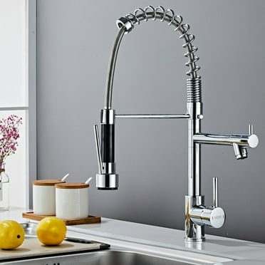 DTIG Kitchen Faucet, With Pull-out Sprayer, Made of Brushed Nickel, Suitable for Single-hole or Three-hole Sinks, Three-function Kitchen Faucet, With Deck Plate and Water Pipes, Silver