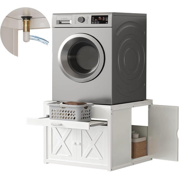 DTK Washer and Dryer Pedestals, Washing Machine Stand with Laundry Basket Shelf, Universal Fit Laundry Pedestals with Hidden Storage and Three Side Doors, 800LBS Capacity