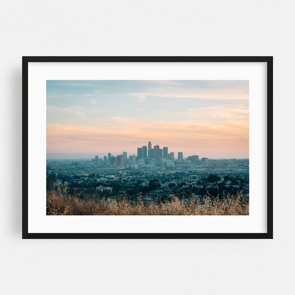 DTLA from Ascot Hills 02 - Los Angeles California Photography Cityscape Skyline Sunset City Travel Poster Scenic Black Framed Wall Art Print 5 x 7 inches