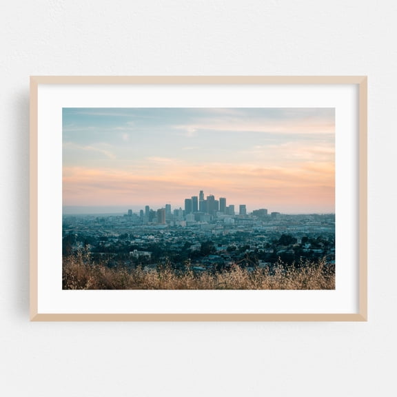DTLA from Ascot Hills 02 - Los Angeles California Photography Cityscape Skyline Sunset City Travel Poster Scenic Oak Framed Wall Art Print 5 x 7 inches