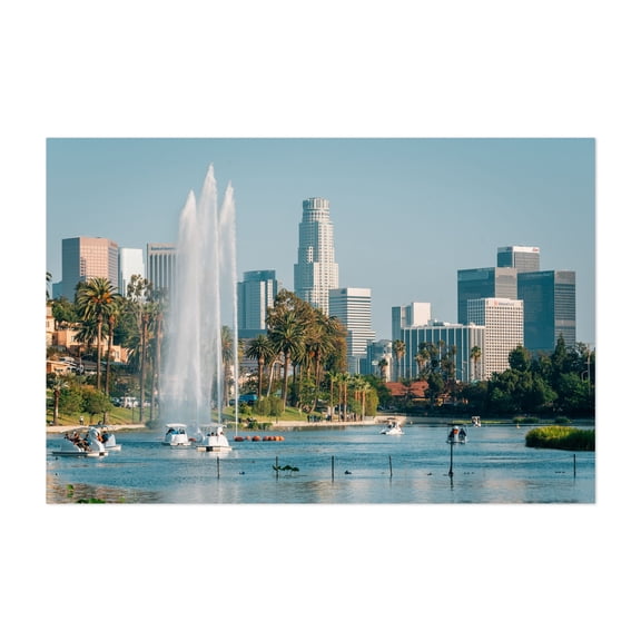 DTLA from Echo Park - Los Angeles California Photography City Skyline Palm Tree Architecture Boat Travel Poster Water Unframed Wall Art Print 20 x 28 inches