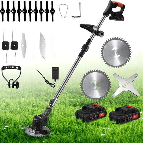 DTOWER Cordless Weed Wacker for Courtyard - 21V Electric Weed Wacker Eater with 9,000 RPM & 3 Types Blades - Rechargeable Stringless Weed Trimmer with 2 Batteries 1300Ah for Yard and Garden(Basic )