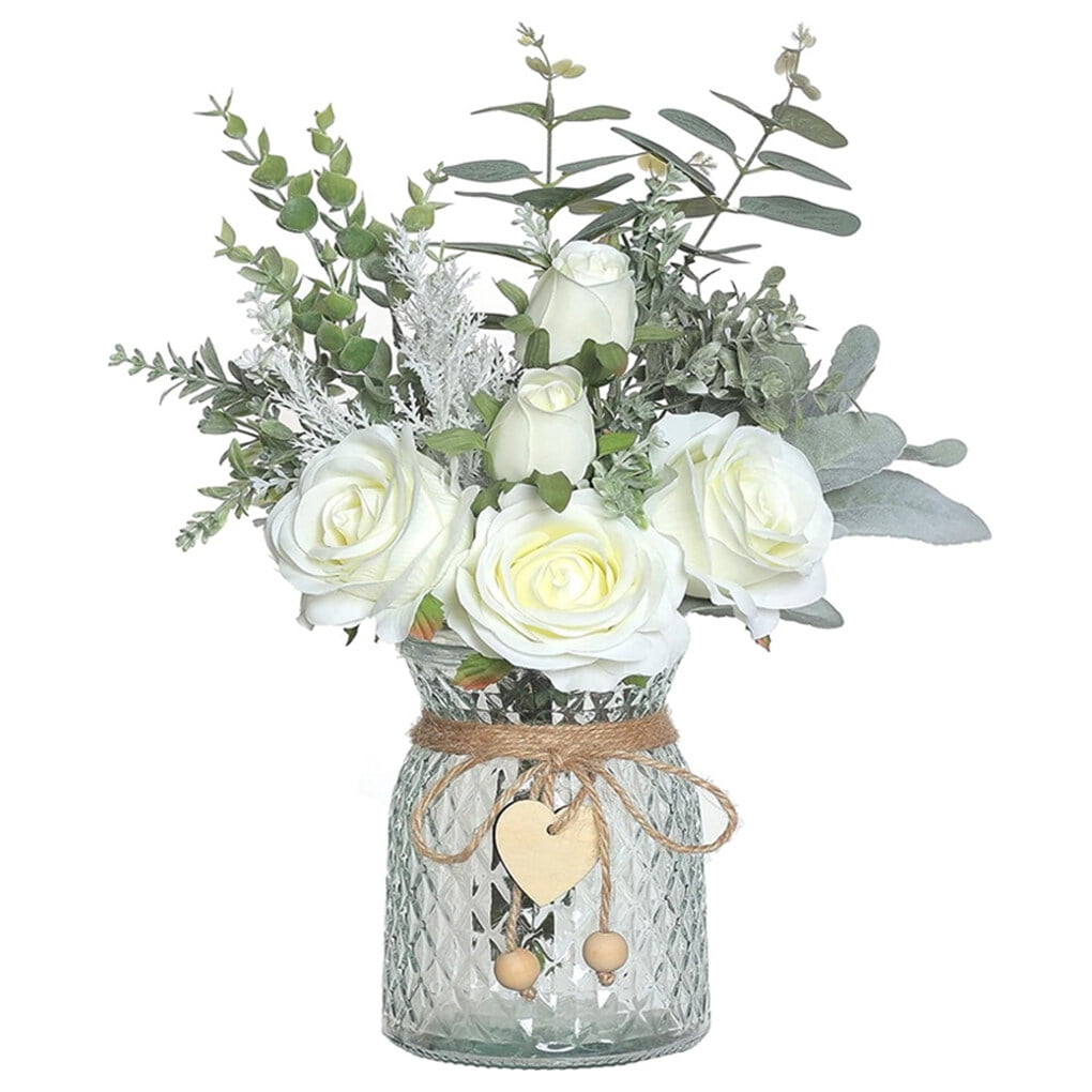 NAWEIDA Artificial Flowers with Small Ceramic Vase Silk Roses Fake Plants  Eucalyptus Leaves Berries Flower Arrangements Decorations for Home(White)