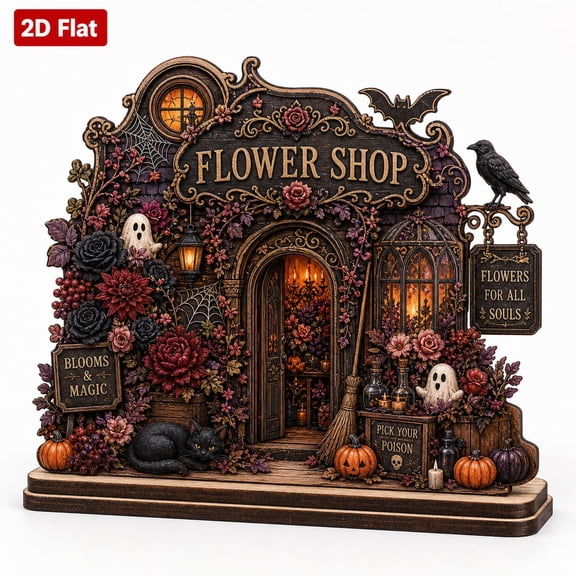 DTS TeeZworld Custom Flower Shop Sign Spooky Pumpkin Floral Wooden Shelf Decor for Book Lovers