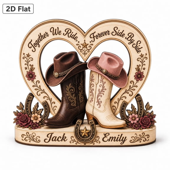 DTS TeeZworld Custom Western Couple Wooden Block, Personalized Rustic Desk Decor for Book Lovers