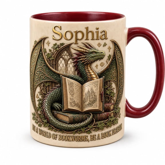 DTS TeeZworld Mug Custom Name Book Dragon Ceramic Coffee Cup for Book Lovers
