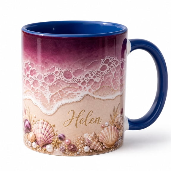 DTS TeeZworld Personalized Beach Ceramic Mug, Custom Coastal Seashell Ocean Wave Design, Summe