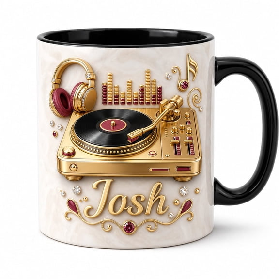 DTS TeeZworld Personalized DJ Mug, Luxury Turntable Coffee Mug, Gold Vinyl Music Design Cerami