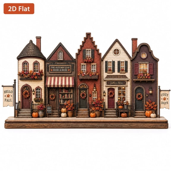 DTS TeeZworld Personalized Fall Town Wooden Block Shelf Sitter Decor for Book Lovers
