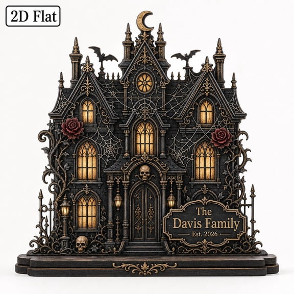 DTS TeeZworld Personalized Haunted House Wooden Block, Gothic Halloween Decor, Family Name Tab for Book Lovers