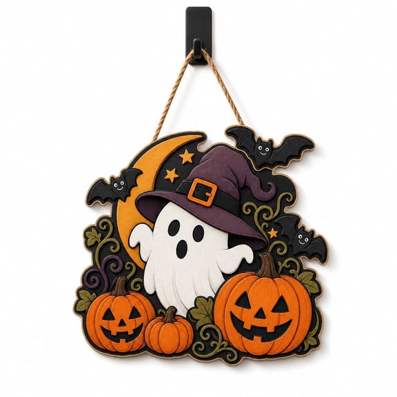 DTS TeeZworld Wooden Sign Plaque Halloween Ghost Door Hanger, Pumpkin Witch Hat , Spooky Porch for Decor