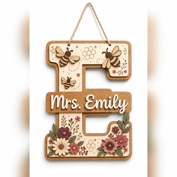 DTS TeeZworld Wooden Sign Plaque Personalized Bee Teacher Door Sign Floral Daisy Wood Classroom for Decor