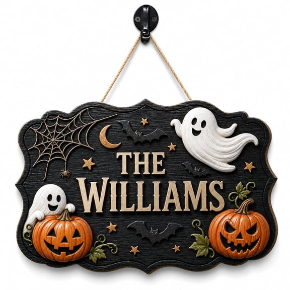 DTS TeeZworld Wooden Sign Plaque Personalized Halloween Door Sign Ghost Pumpkin Porch Plaque for Decor