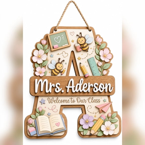 DTS TeeZworld Wooden Sign Plaque Personalized Teacher Door Sign Custom Name Wood Classroom for Decor