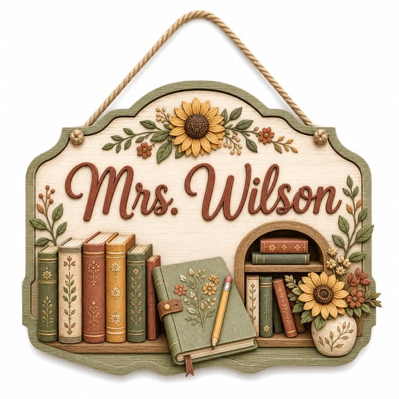 DTS TeeZworld Wooden Sign Plaque Personalized Teacher Wooden Door Sign, Sunflower Book Lover Classroom for Decor