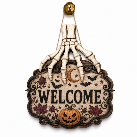 DTS TeeZworld Wooden Sign Plaque Skeleton Hand Welcome Door Sign, Halloween Pumpkin, Rustic Entry Plaque for Decor