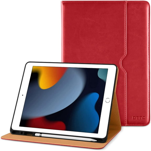 DTTO iPad 9th/8th/7th Generation 10.2 Inch Case 2021/2020/2019, Premium Leather Business Folio Stand Cover with Built-in Apple Pencil Holder - Auto Wake/Sleep and Multiple Viewing Angles, Red