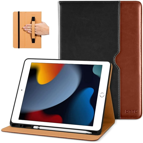 DTTO iPad 9th/8th/7th Generation 10.2 Inch Case 2021/2020/2019, Premium Leather Business Folio Stand Cover with Built-in Apple Pencil Holder - Auto Wake/Sleep and Multiple Viewing Angles, Black Brown