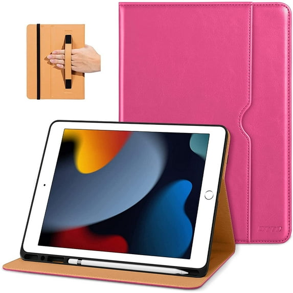 DTTO iPad 9th/8th/7th Generation 10.2 Inch Case 2021/2020/2019, Premium Leather Business Folio Stand Cover with Built-in Apple Pencil Holder - Auto Wake/Sleep and Multiple Viewing Angles, Rose Red