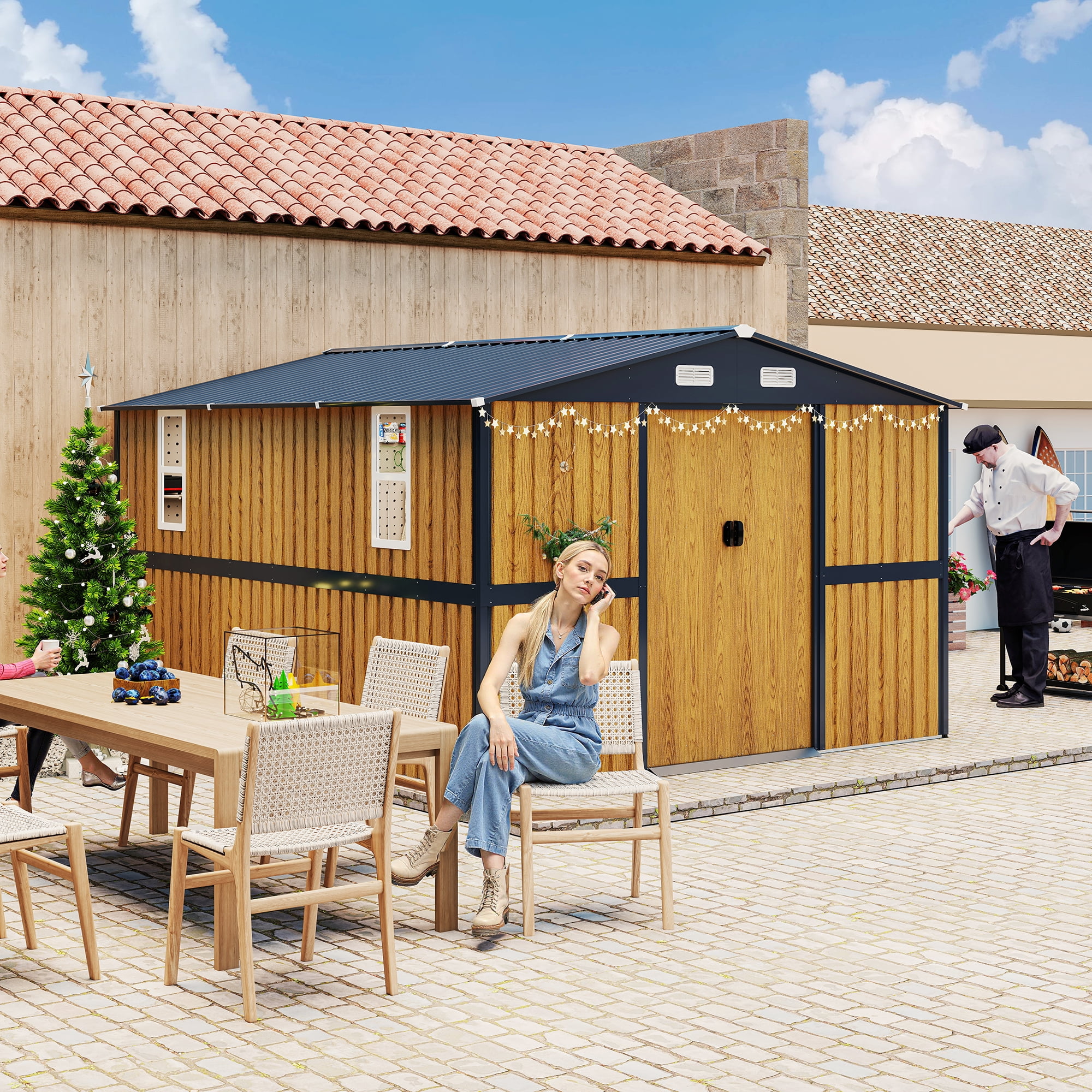 DTTRA 10 x 12 FT Outdoor Storage Shed, Metal Garden Shed with Lockable Doors & 2 Windows, Sloped Roof & 4 Air Vents, Weather-Resistant Backyard Shed for Patio, Tool, Pet or Chicken Coop Storage