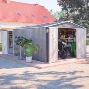 DTTRA 10 x 14 FT Outdoor Metal Storage Shed with Floor Frame Kit, Large Galvanized Steel Waterproof Garden Shed with 3 Lockable Double Doors and 4 Vents, Building Tool Sheds for Backyard Patio Lawn