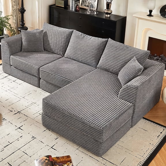 DTTRA 102" Modern L-Shaped Modular Cloud Sofa, 3-Seater Corduroy Sectional Couch with Reversible Chaise, Frameless Memory Foam Floor Couch, No Assembly Required for Living Room Apartment, Grey