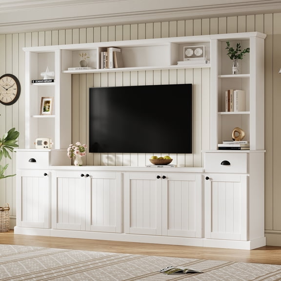 DTTRA 103" Minimalist Entertainment Center Wall Unit Set for TVs up to 75", Modern 4-Piece Media Console with Adjustable Overhead Bridge, 4 Cabinets, 2 Drawers & Display Bookshelves, White