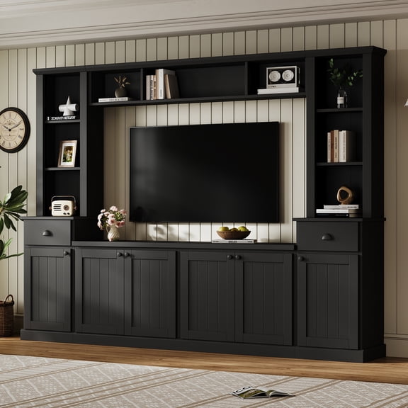 DTTRA 103" Minimalist Entertainment Center Wall Unit Set for TVs up to 75", Modern 4-Piece Media Console with Adjustable Overhead Bridge, 4 Cabinets, 2 Drawers & Display Bookshelves, Black