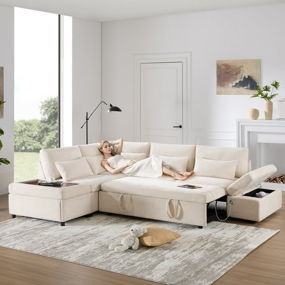 DTTRA 107" Modular Sectional Sofa with Pull-Out Bed, L-Shaped Oversized 6-Seat Chenille Sectional Couch with Movable Storage Ottoman, 5-Position Charging Armrest for Living Room – Beige