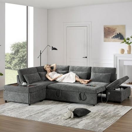DTTRA 107" Modular Sectional Sofa with Pull-Out Bed, L-Shaped Oversized 6-Seat Chenille Sectional Couch with Movable Storage Ottoman, 5-Position Charging Armrest for Living Room – Grey